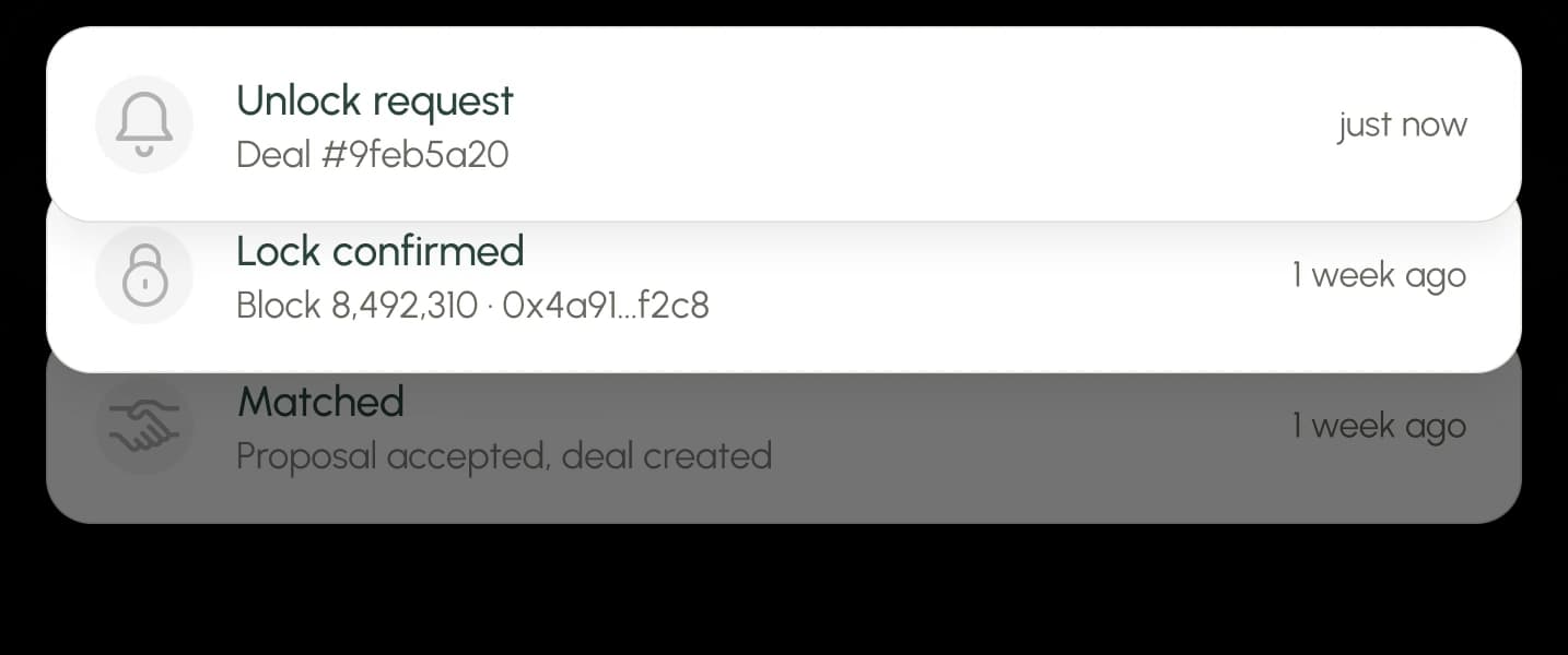 Audit feed showing unlock request, lock confirmed and matched events