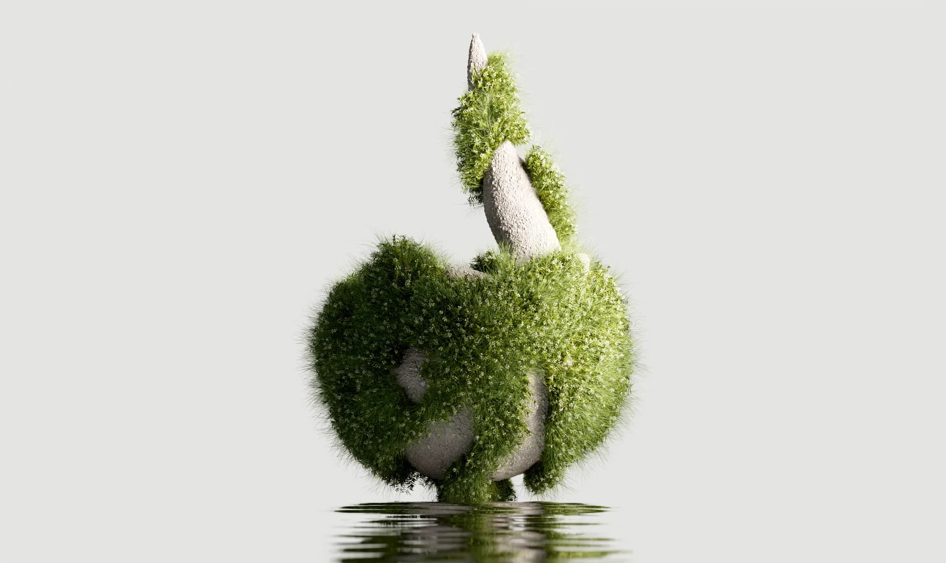 A curved rock formation covered in greenery rising from water