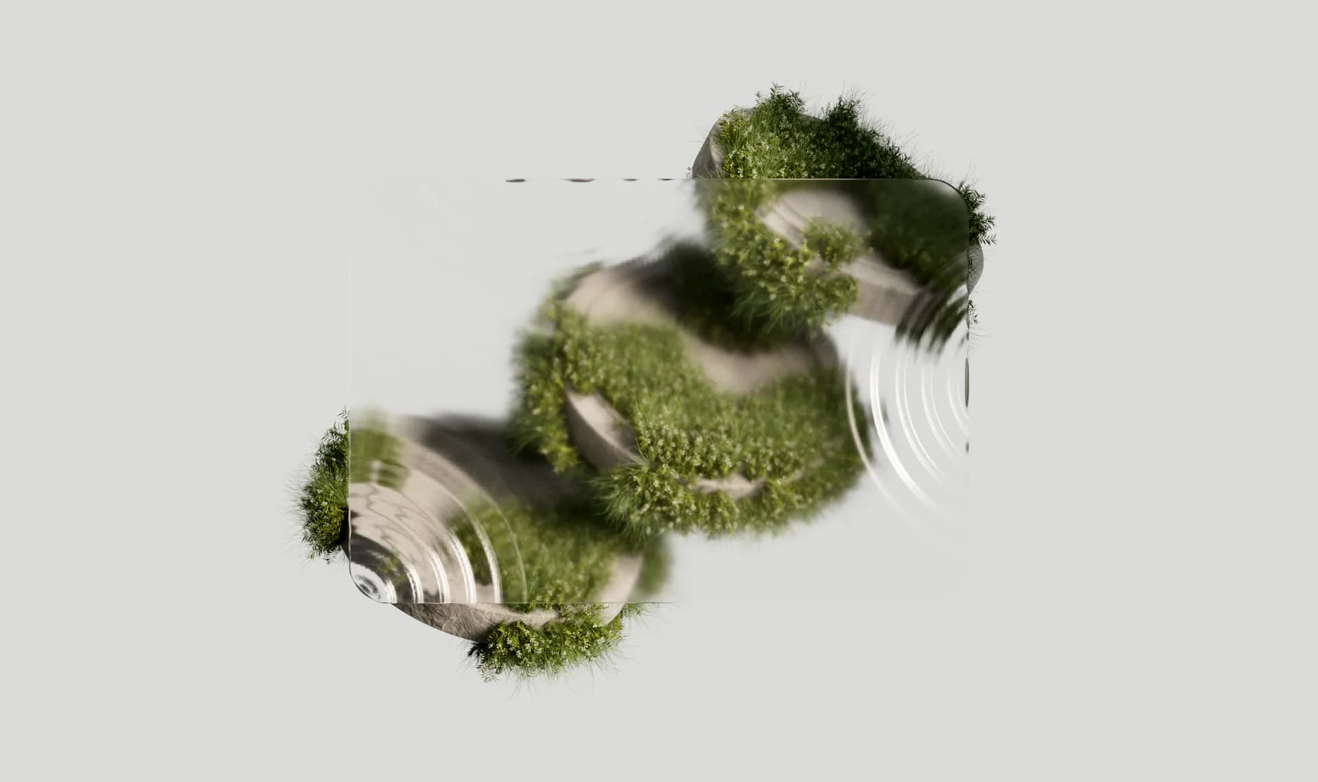 Layered rock terraces covered in greenery reflected in water