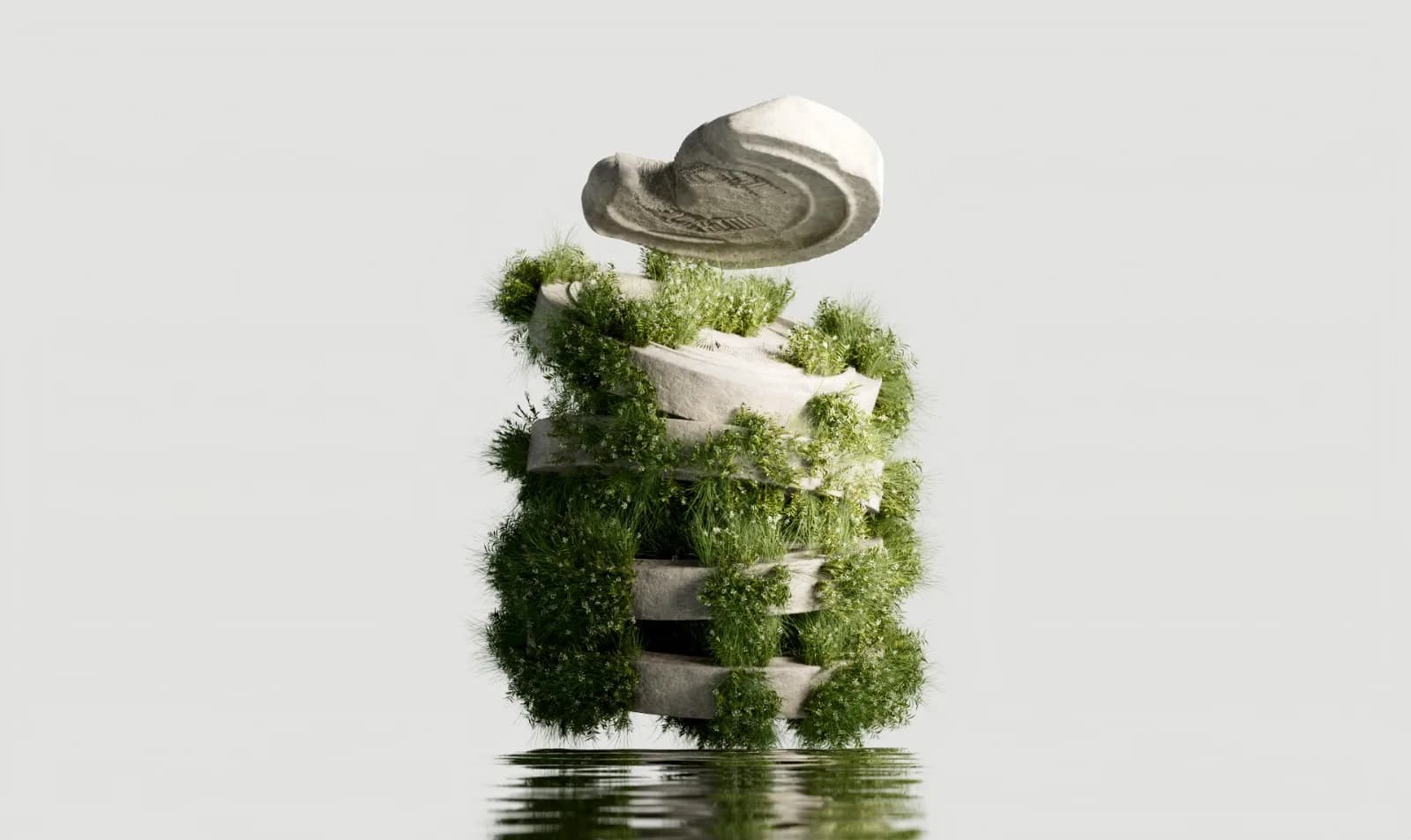 A stone column wrapped in flowing greenery rising from water