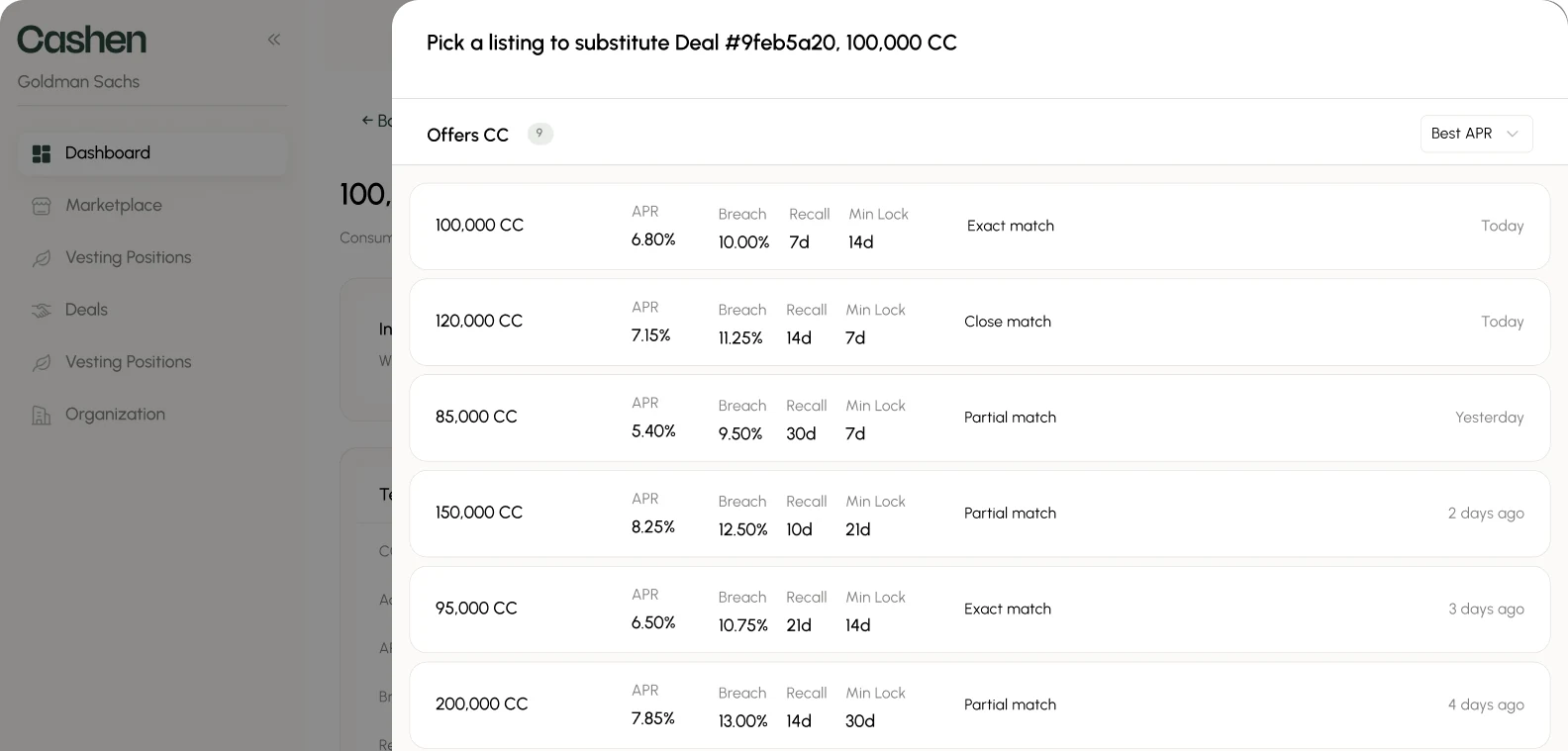 Staking marketplace listing picker showing available CC amounts, APR, and duration