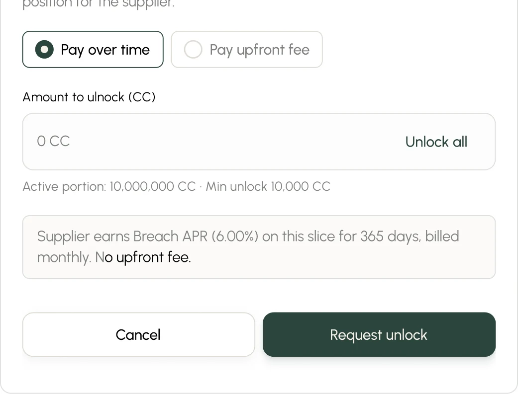 Unlock request form showing pay over time, amount to unlock, and request unlock action