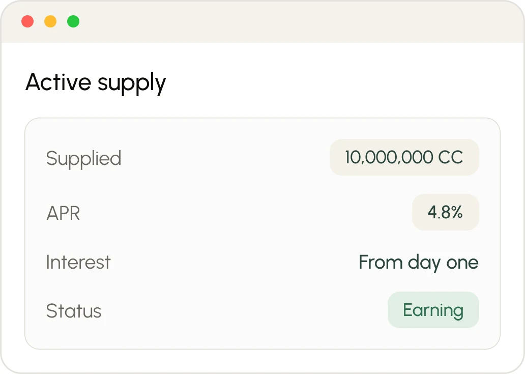 Active supply panel showing 10,000,000 CC supplied at 4.8% APR, earning