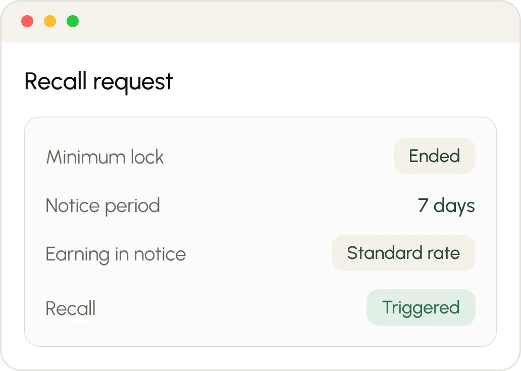 Recall request panel showing the minimum lock ended and recall triggered