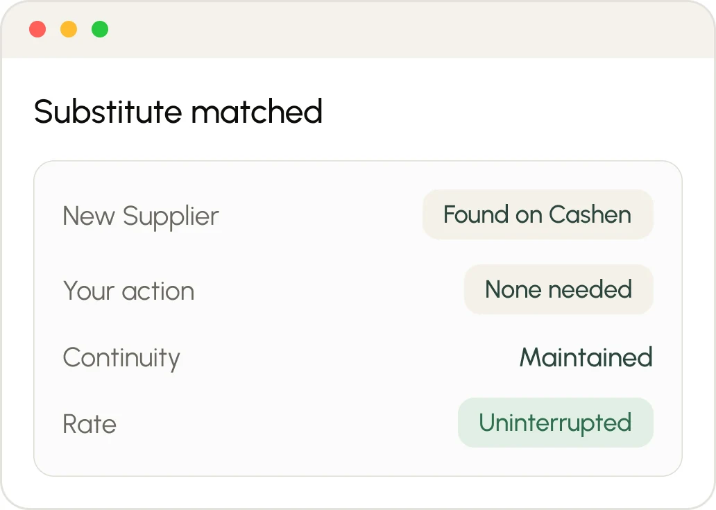 Substitute matched panel showing a new supplier found on Cashen, continuity maintained