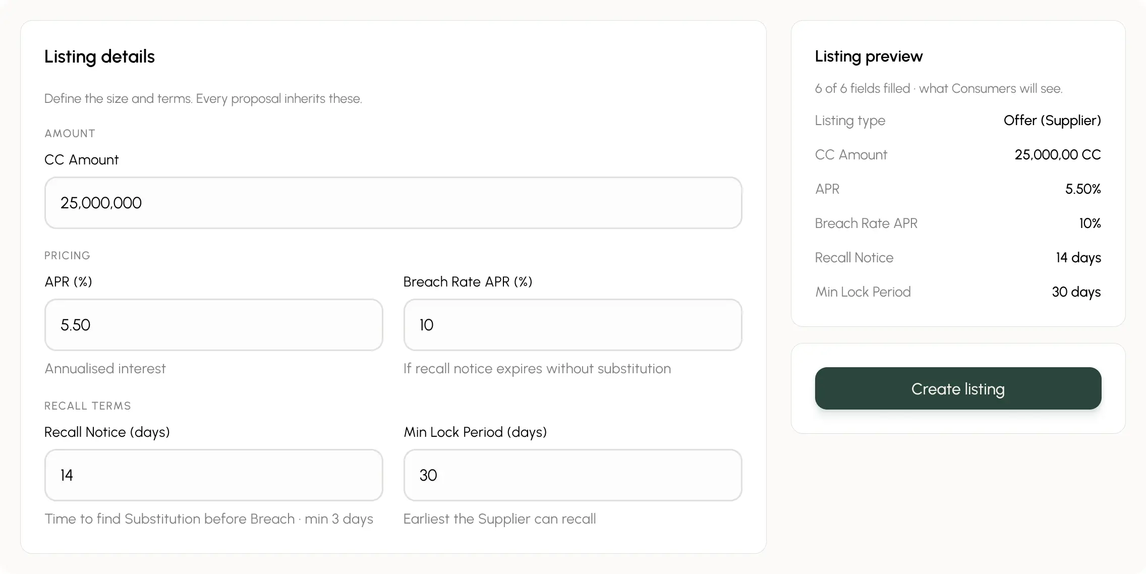 Create listing screen with listing details and live preview
