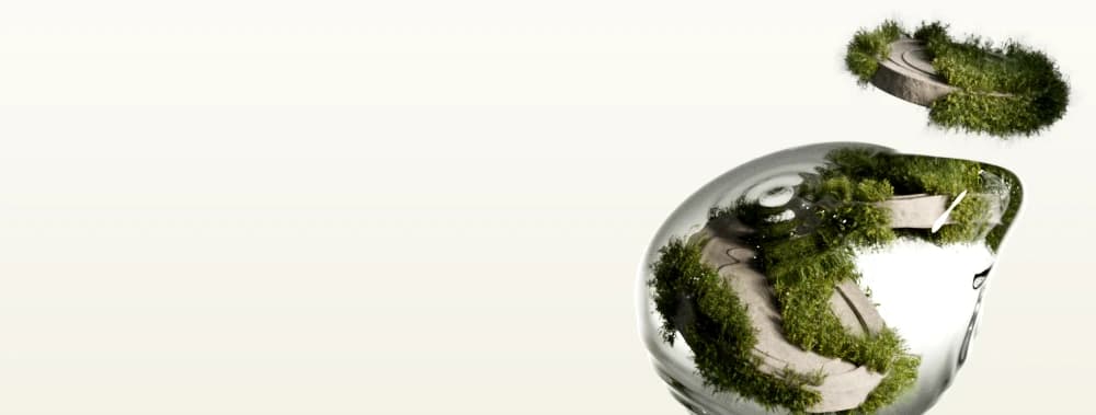 A glass orb holding a verdant landscape, with a ring of greenery floating above